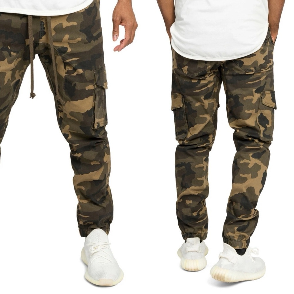 Victorious drop crotch camo joggers- elastic cuffs and drawstring elastic waist.